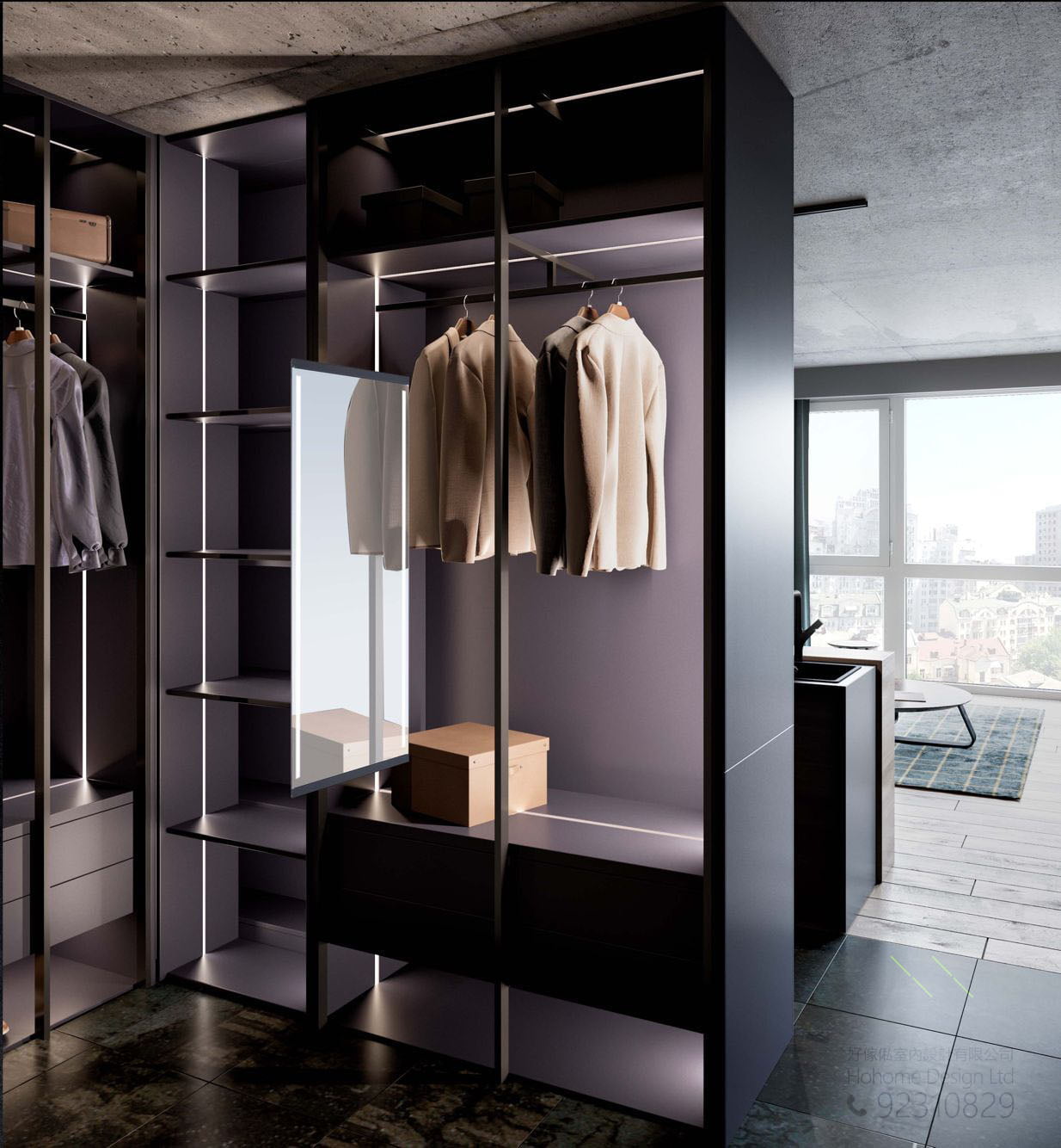 Wardrobes with rotating push-pull smart LED lamp fitting mirror, suitable for use in custom wardrobes, smart mirrors, lockers and smart home/smart furniture or other custom furniture recommended by our designers