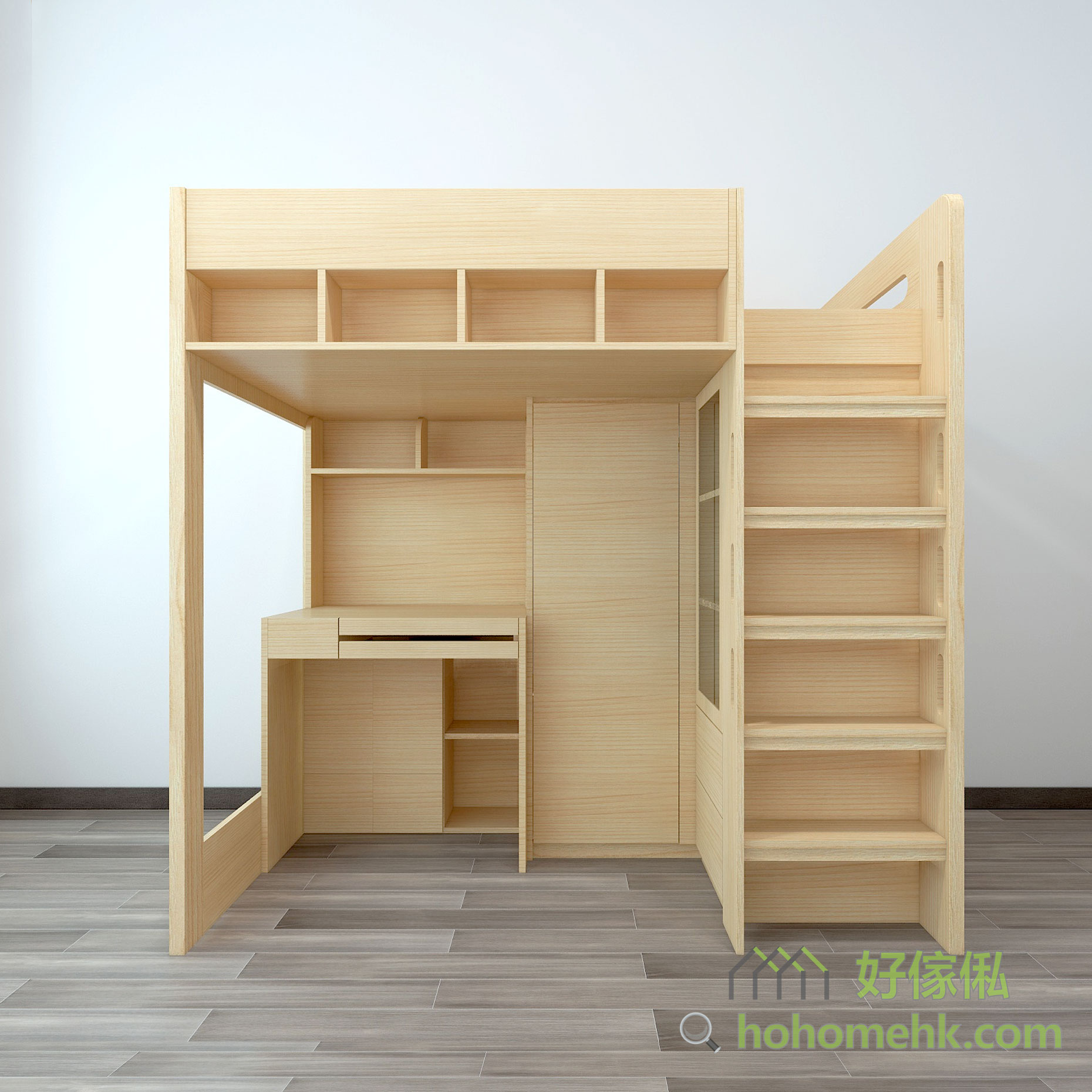 BevisA loft bed with wardrobe desk combination