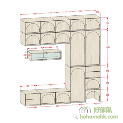 C字形的電視櫃，集玻璃飾櫃、櫃桶、掩門櫃、衣櫃、吊櫃於一身，絕對是客廳收納的好幫手