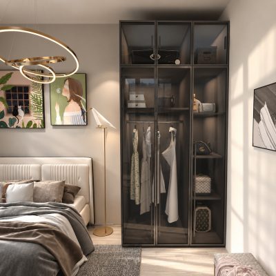 深色門框衣櫃門板打開，內部同時懸掛及摺放衣物