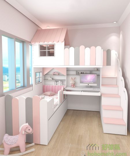 The most important thing in the princess-style bedroom design for 3 people is the staggered bunk beds!