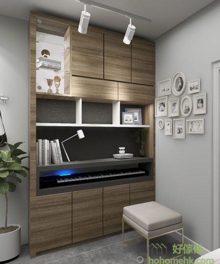 Custom-made bookcase or showcase around the piano