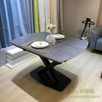 Tiny elliptical rock plate deformation table, two ends of the elliptical edge design, soft table lines, with cross-shaped feet, chic and elegant.