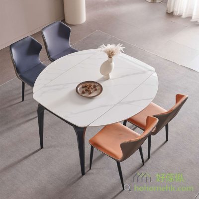 Dining table has a telescopic function, both sides can open a horse belly shaped extension board, open into a round table, can sit 3-4 more people.