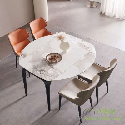 Dining table has a telescopic function, both sides can open a horse belly shaped extension board, open into a round table, can sit 3-4 more people.