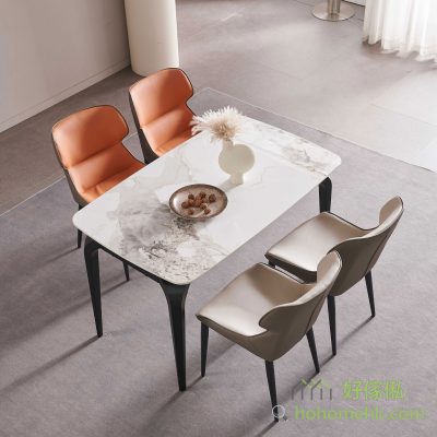 Rectangular SLATE table with rounded corners at all four corners to reduce the risk of collision. In addition, the 4 table feet are designed to the side, and the 2 large dining chairs can be pushed into the dining table side by side, without bumping feet.