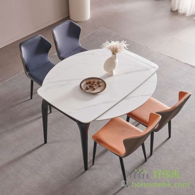 Dining table has a telescopic function, both sides can open a horse belly shaped extension board, open into a round table, can sit 3-4 more people.