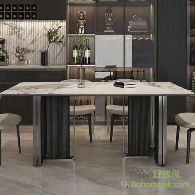 Rectangular dining table, spacious and practical: the rock slab is sturdy and the gun-gray striped feet add a touch of understated elegance, providing plenty of room for dining, whether it's a family dinner or a gathering of friends.