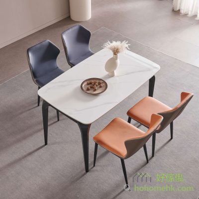 Rectangular SLATE table with rounded corners at all four corners to reduce the risk of collision. In addition, the 4 table feet are designed to the side, and the 2 large dining chairs can be pushed into the dining table side by side, without bumping feet.