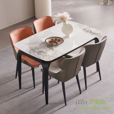 Rectangular SLATE table with rounded corners at all four corners to reduce the risk of collision. In addition, the 4 table feet are designed to the side, and the 2 large dining chairs can be pushed into the dining table side by side, without bumping feet.