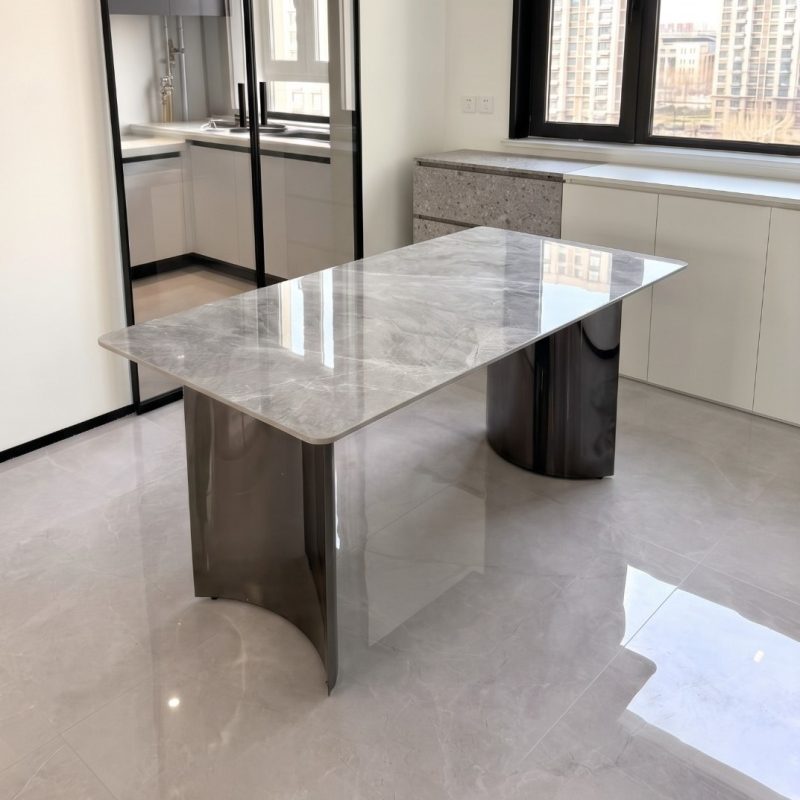 Shila月牙腳長形岩板餐枱(#819款)實拍圖片，亮光意大利灰岩板