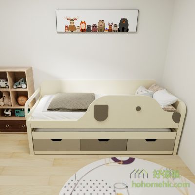 The child's bed in the shape of a puppy can be pulled out with one more child bed, one bed becomes two beds, and there are 3 bucket storage.