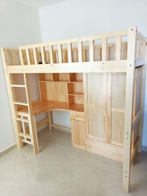 Physical photo: Original wood color (lacquer wood) bed frame + wardrobe bookcase + straight ladder (ladder on the left)