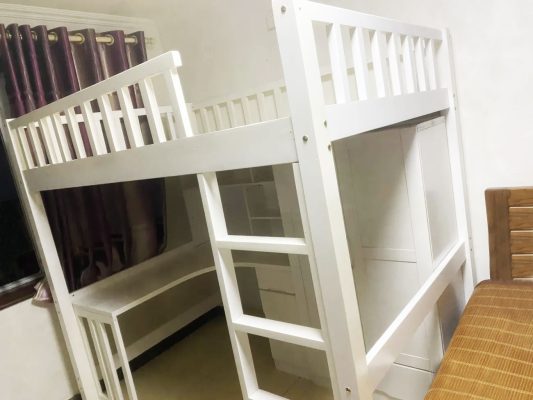 Physical photo: White bed frame + wardrobe bookcase + straight ladder (ladder on the right)