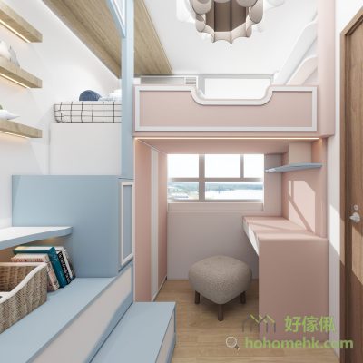 The room is divided into a left and a right, two elevated beds, the bed above, the wardrobe and the desk below, the two beds share the stairs on the cabinet, to free up more space on the ground to walk, mother or worker sister to come in to collect clothes have more spacious space.