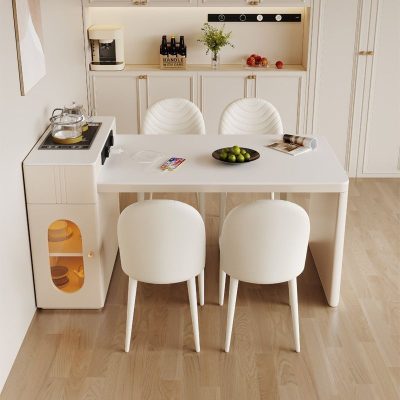 The raised storage island takes into account the operation and storage collection storage cabinet, track socket and rock table surface in one to meet the living needs of large and small apartment space