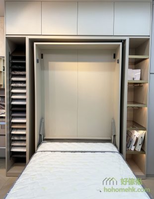 Because it is necessary to rotate with the whole cabinet and bed frame, the bed box needs to be made larger, and the width and height need to be about 1 foot more than the size of the mattress. That is to say, like the 4 feet x6 feet 3 bed in the store, the size of the bed box needs to be about 5 feet x7 feet 3 (excluding the top cabinet and the left and right sides of the cabinet).