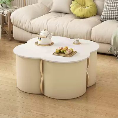 Leah cream wind hidden storage stool coffee table combination (stool can be stored), with stool combination, can be hidden storage, fine unit essential furniture