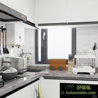 The hanging cabinet can cover the hot water stove, and it will not affect the switch window and door, but also can be installed to the range hood, the designer will help customers arrange it properly.