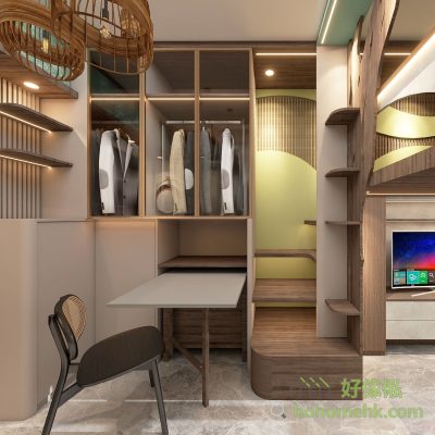 It is not easy to put all the furniture in the fine unit, and this design will move the wardrobe to the position near the door. The top is a row of glass wardrobes, and the bottom is a folding table, which can be used as a dining table or a desk for two people.