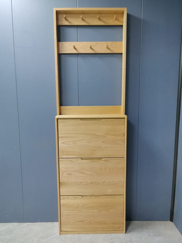 工廠實拍：Noya實木超薄鞋櫃加配衣帽架，原木色，65cm寬x20cm深x211cm高