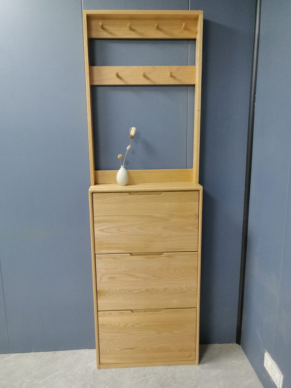 工廠實拍：Noya實木超薄鞋櫃加配衣帽架，原木色，65cm寬x20cm深x211cm高