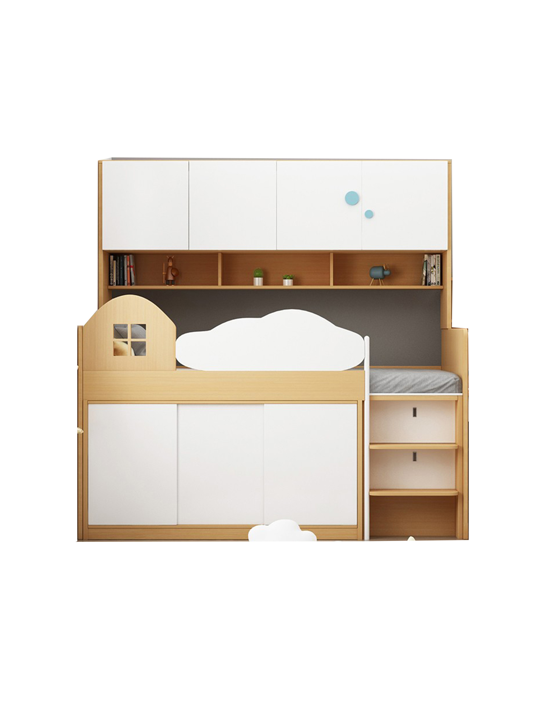 Riley 兒童半高床組合產品全覽圖，白色背景，原木色板材配白色面板，頂部設三門吊櫃及開放式書架，中層為雲朵形護欄半高床，左側配有分層置物樓梯，床底為三門衣櫃，右側附帶三層收納格台階，整體設計一體化。