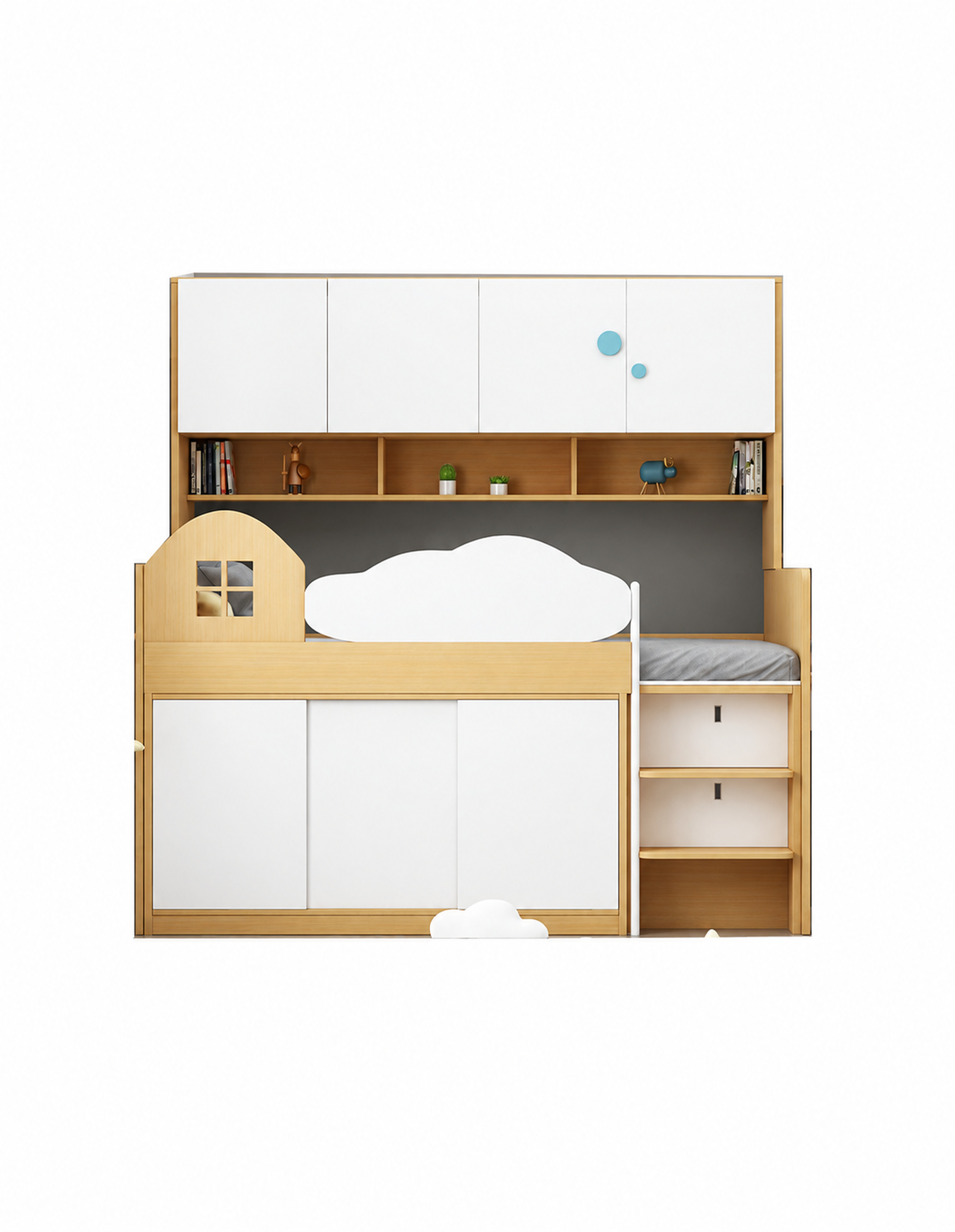 Riley 兒童半高床組合產品全覽圖，白色背景，原木色板材配白色面板，頂部設三門吊櫃及開放式書架，中層為雲朵形護欄半高床，左側配有分層置物樓梯，床底為三門衣櫃，右側附帶三層收納格台階，整體設計一體化。